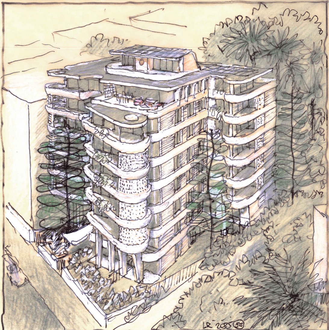 Upper-level architectural drawing of the Double Bay project by Luigi Rosselli Architects