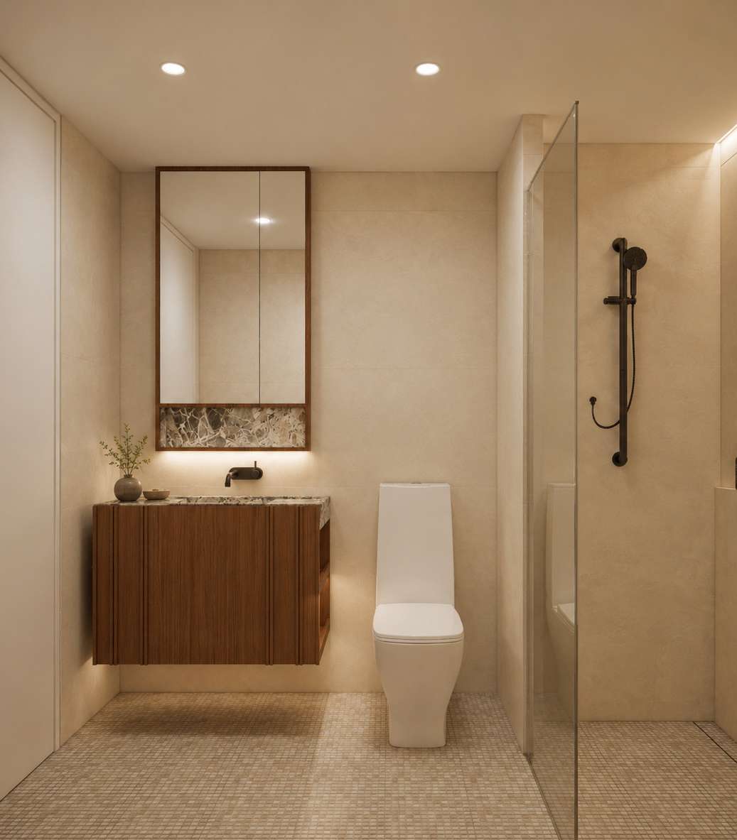 Dark interior scheme bathroom visualisation for the Mason Kingsford apartments