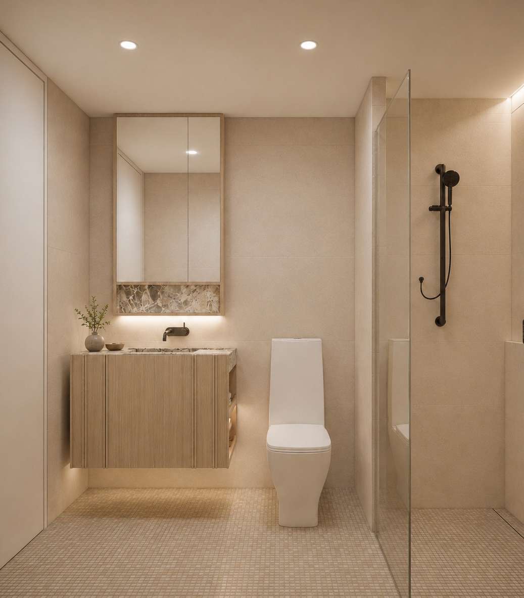 Light interior scheme bathroom visualisation for the Mason Kingsford apartments