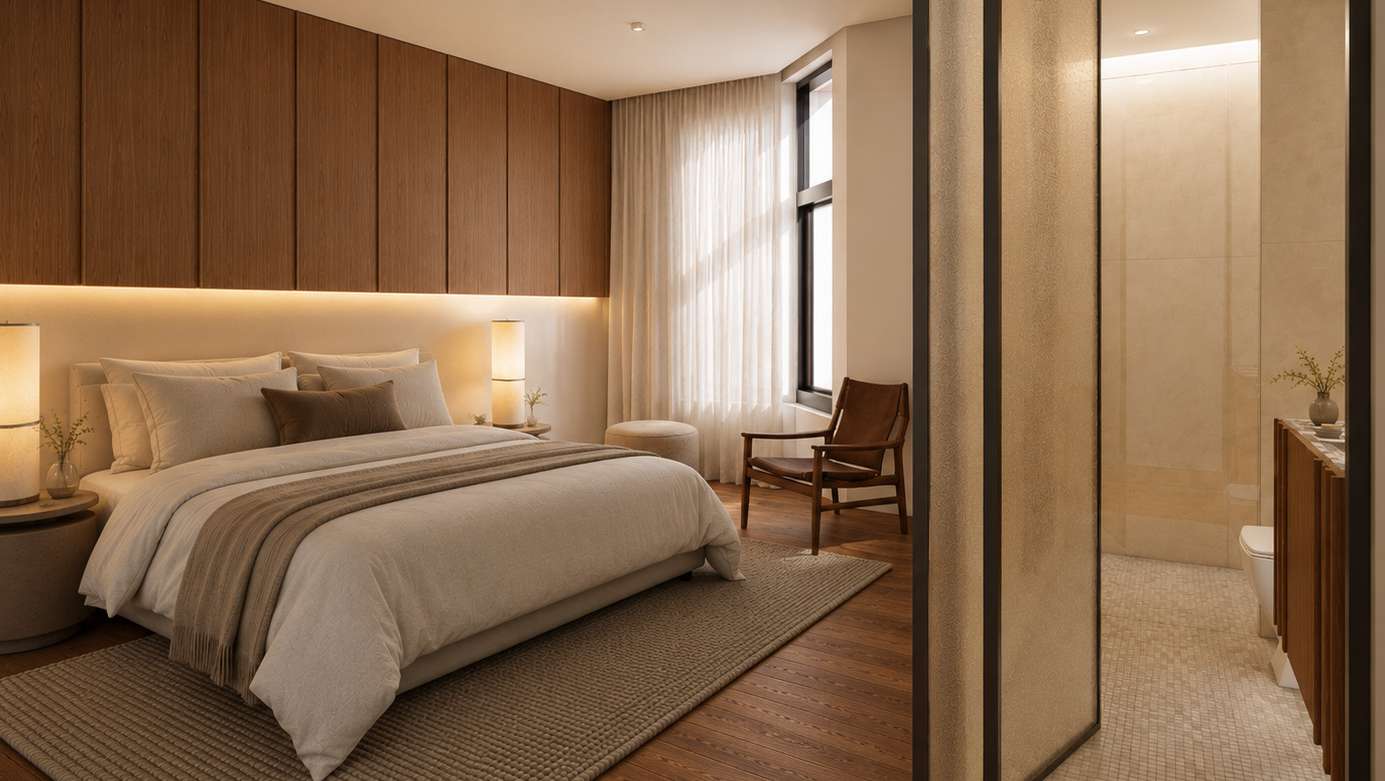 Dark interior scheme bedroom visualisation for the Mason Kingsford apartments