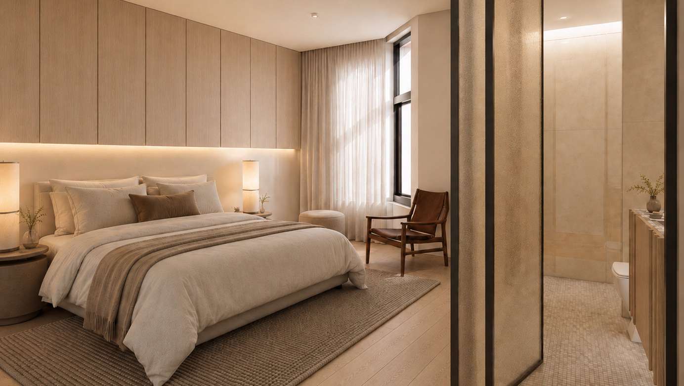 Light interior scheme bedroom visualisation for the Mason Kingsford apartments