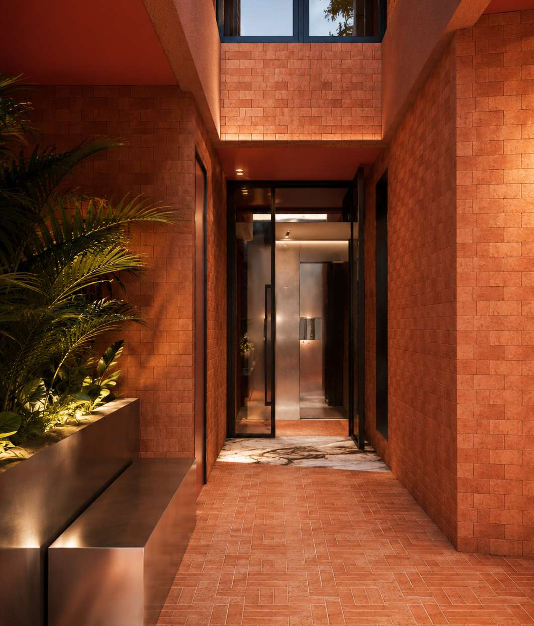 Terracotta-lined entry sequence visualisation for the Mason Kingsford apartments