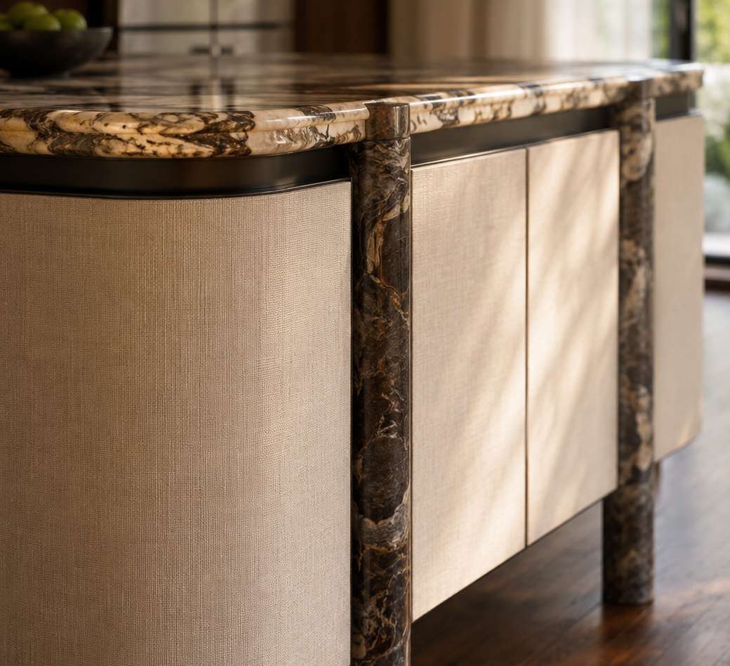 Close-up visualisation of rounded stone columns and textured cabinetry on the Mason Kingsford kitchen island