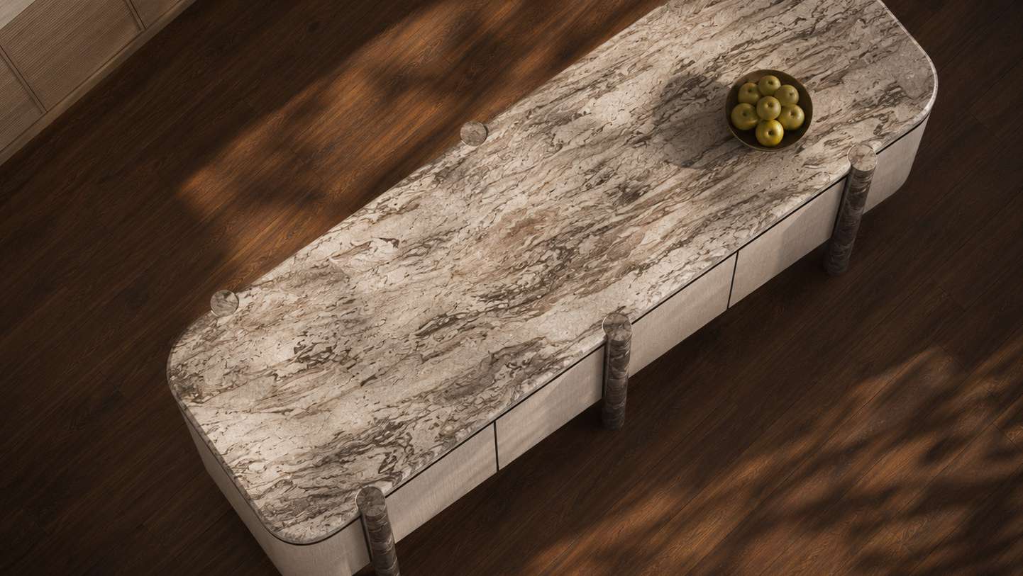 Overhead visualisation of the sculptural stone kitchen island at Mason Kingsford