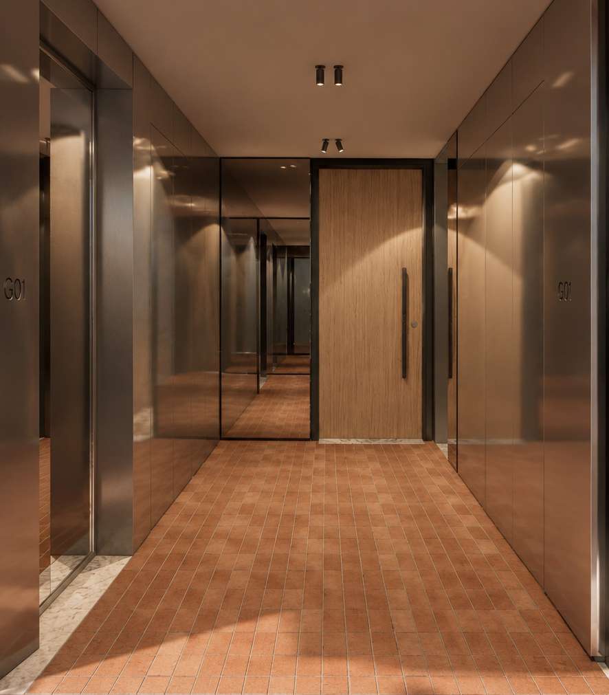 Warm common lobby visualisation for the Mason Kingsford apartments